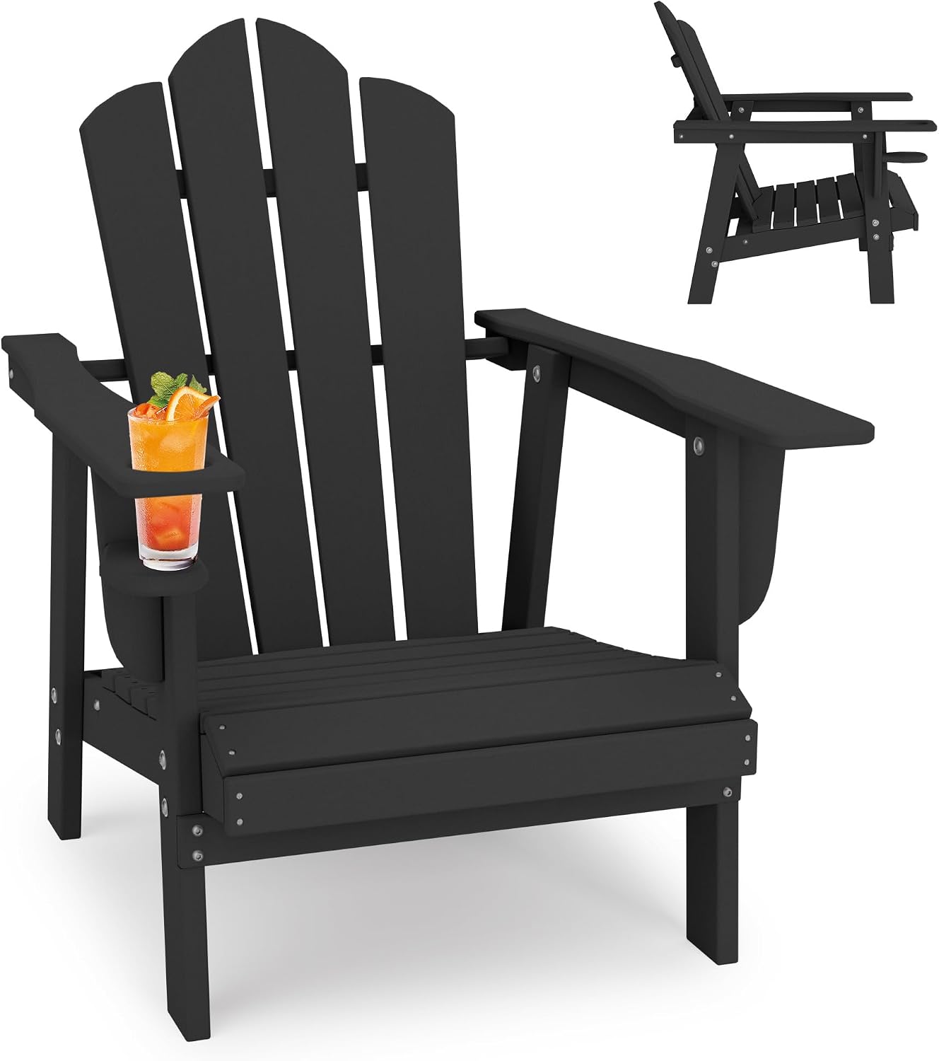 PROHIKER Adirondack Chair with Cup Holder, HDPE Outdoor Patio Chair All Weather Outdoor Chairs for Lawn Garden Porch Backyard, Plastic, Black