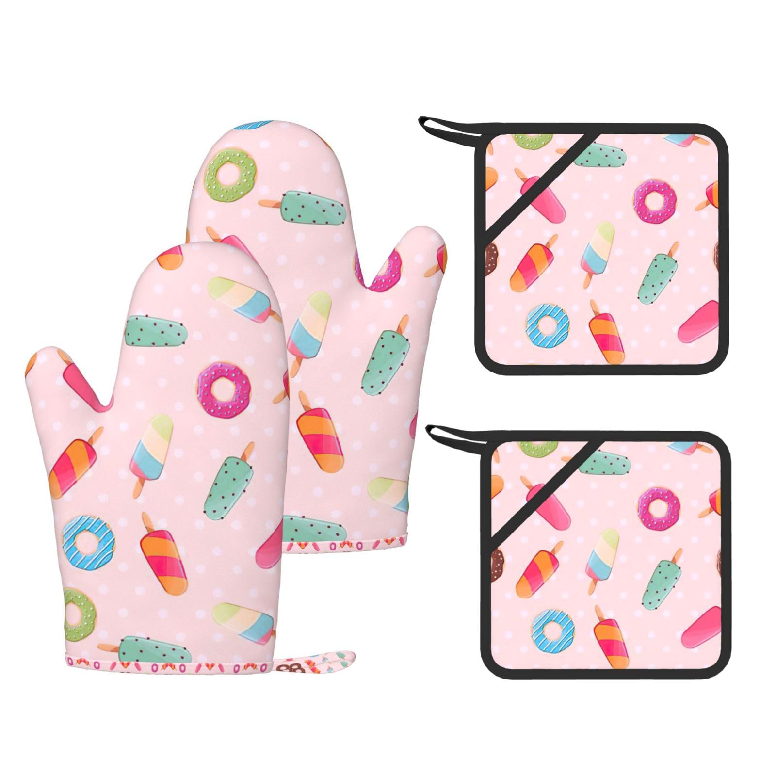 Many colored ice cream Printed Pot Holders and Oven Mitts 4-Piece, Non-Slip Kitchen Gloves with Utensil Pocket for BBQ