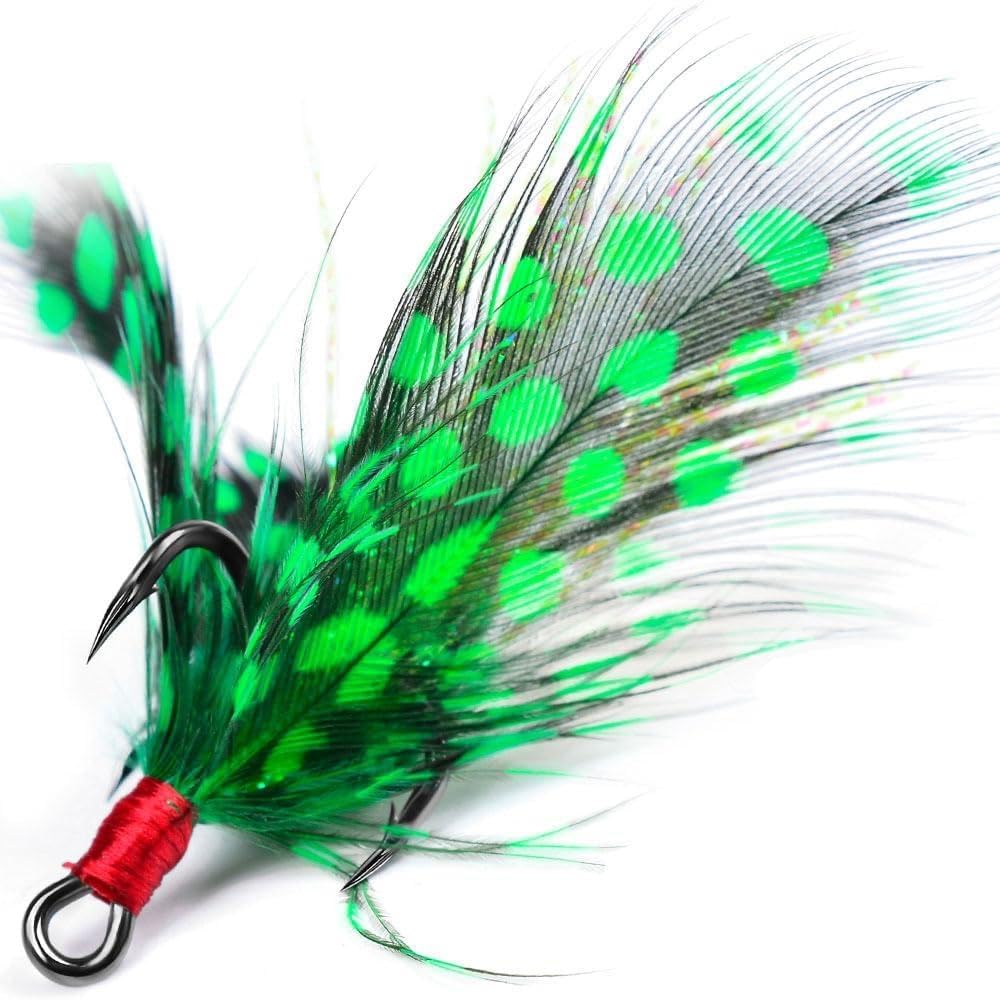 Feather Fishing Hooks, 10Pcs High Carbon Steel Treble Hooks with Barbs for Saltwater Freshwater — image 1
