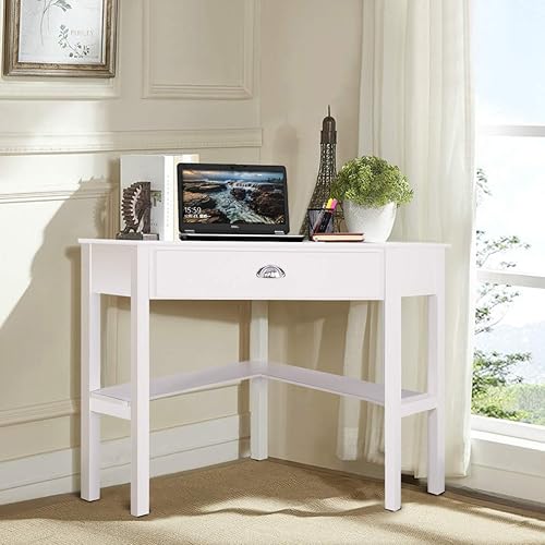 Miniatura 9 de Escritorio esquinero para computadora, mesa de ahorro de espacio con cajón y estantes, estación de trabajo de 90 triángulos para oficina en casa,