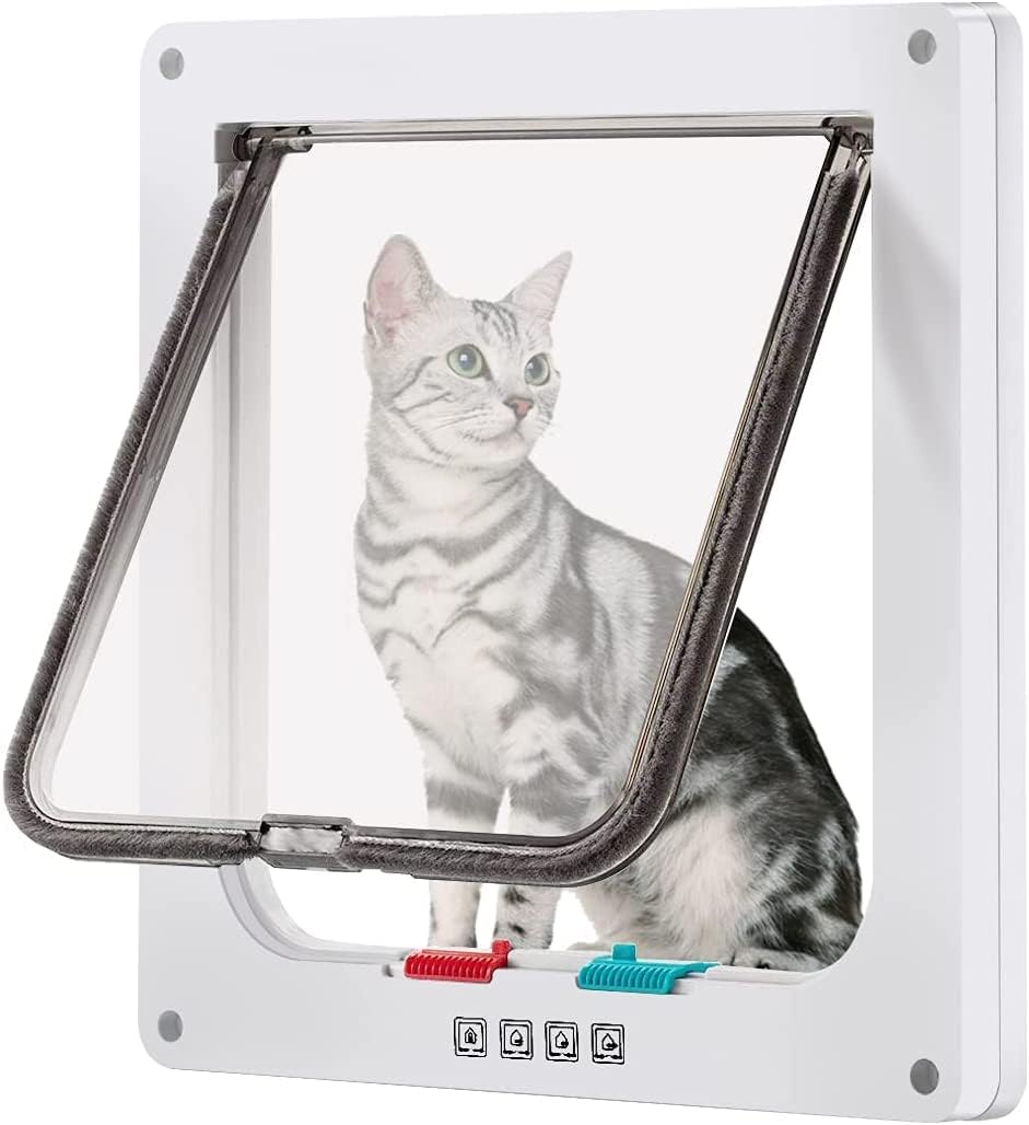 Large Cat Door(Outer Size 9.9" x 9.2"),4 Way Locking Cat Door for Windows & Sliding Glass Door, Weatherproof Cat Flap Door for Cats & Doggie with Circumference < 23" (White)