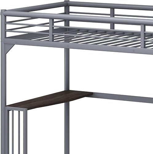 Miniatura 6 de Cama alta de tamaño individual, cama alta con escritorio y estantes de almacenamiento, cama alta de metal tamaño individual con escritorio, no