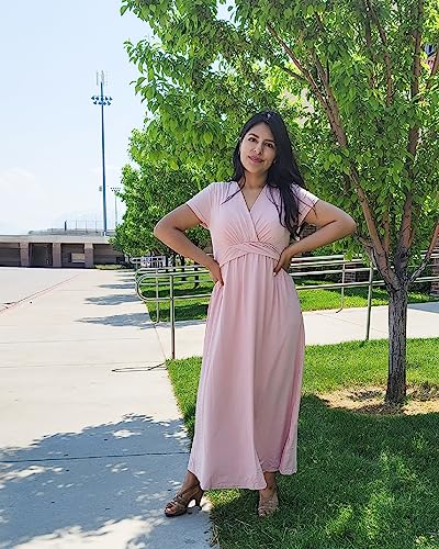 Styleword Womens' Pink Maternity Dress 2023 Summer V Neck Photoshoot Baby Shower Maxi Dresses For Nursing(Pink,L) #TOP3