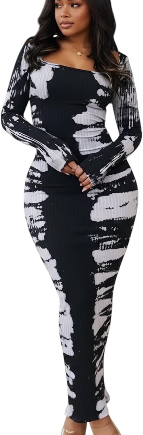 Women’s Long Sleeve Tie Dye Maxi Dress – Ribbed Knit Bodycon Square Neck Slim Fit Clubwear Party Dress