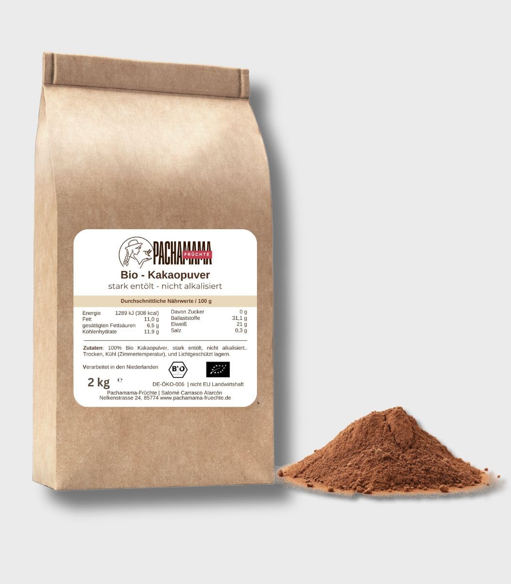BIO Kakaopulver 2 kg | stark entölt | ohne Zusatzstoffe, ohne Zucker | Plastikfrei | Superfood vegan