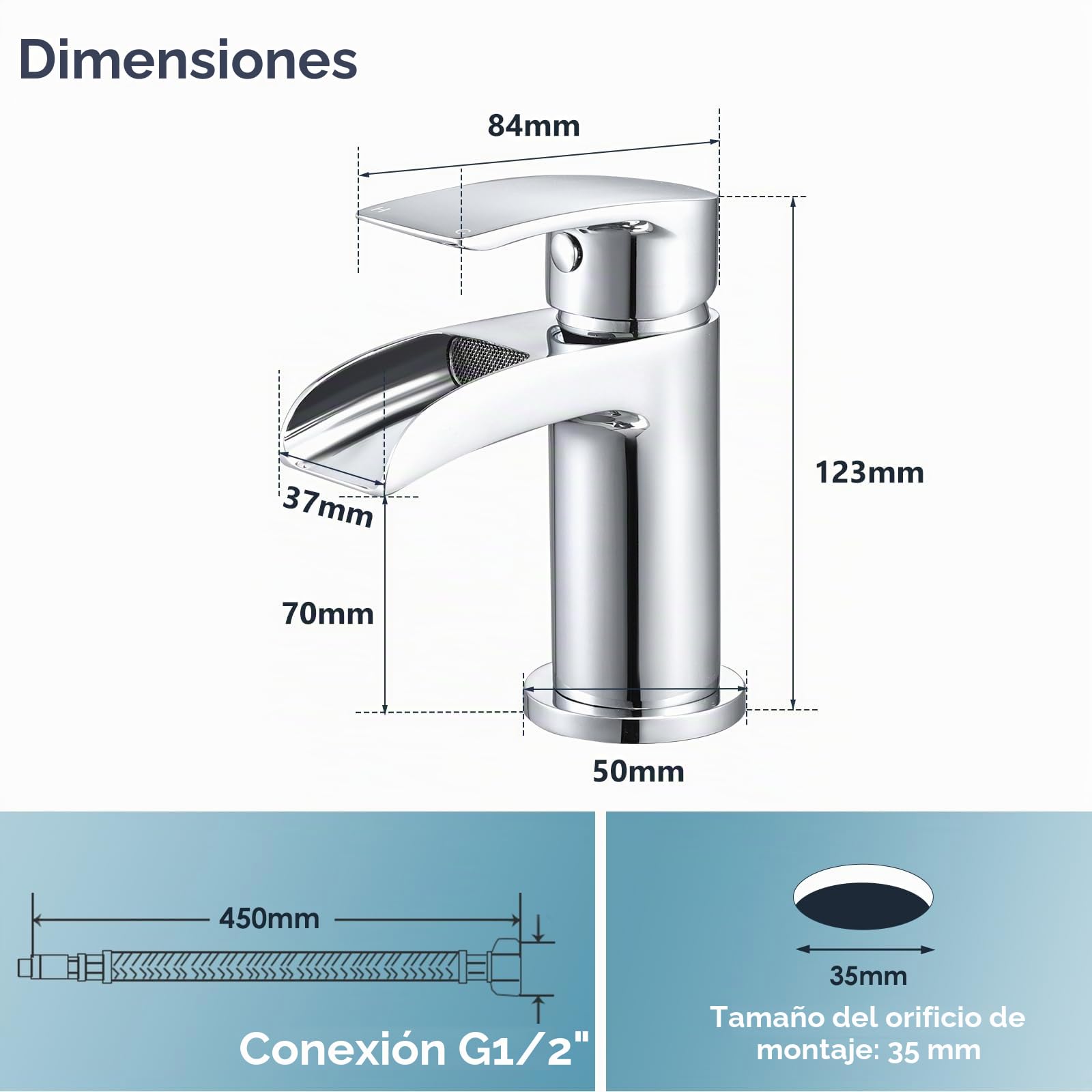 Grifos mezcladores para lavabo de baño de Peppermint con caño en cascada, grifo monomando moderno y pequeño, monobloc, para tocador, latón, cromo