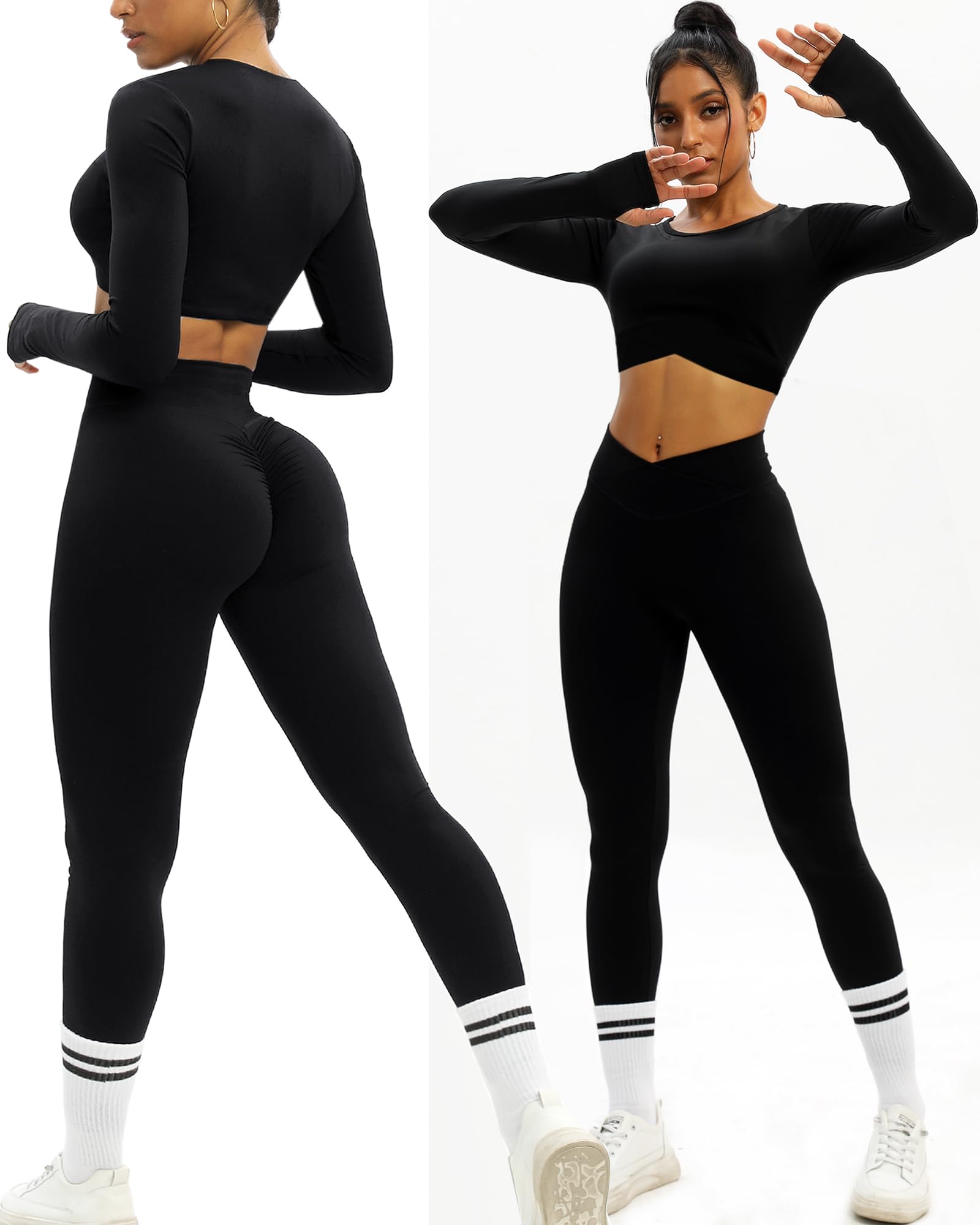 Navneet Scrunch Ensemble tenue, pour sport, gymnastique, entraînement, fitness, à manches longues, haut avec dos nu, legging