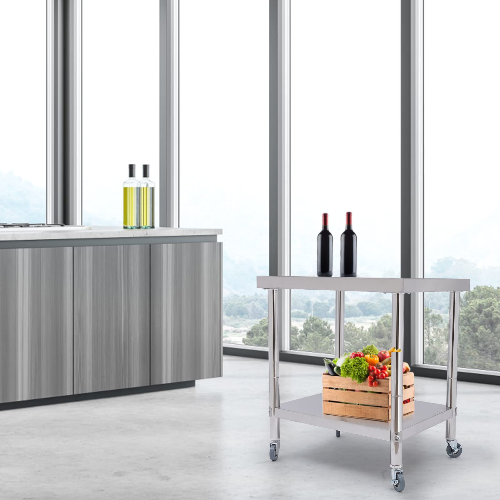 Robusto tavolo da lavoro in acciaio inox, tavolo da lavoro, grande spazio di archiviazione, facile da pulire, portata 300 kg