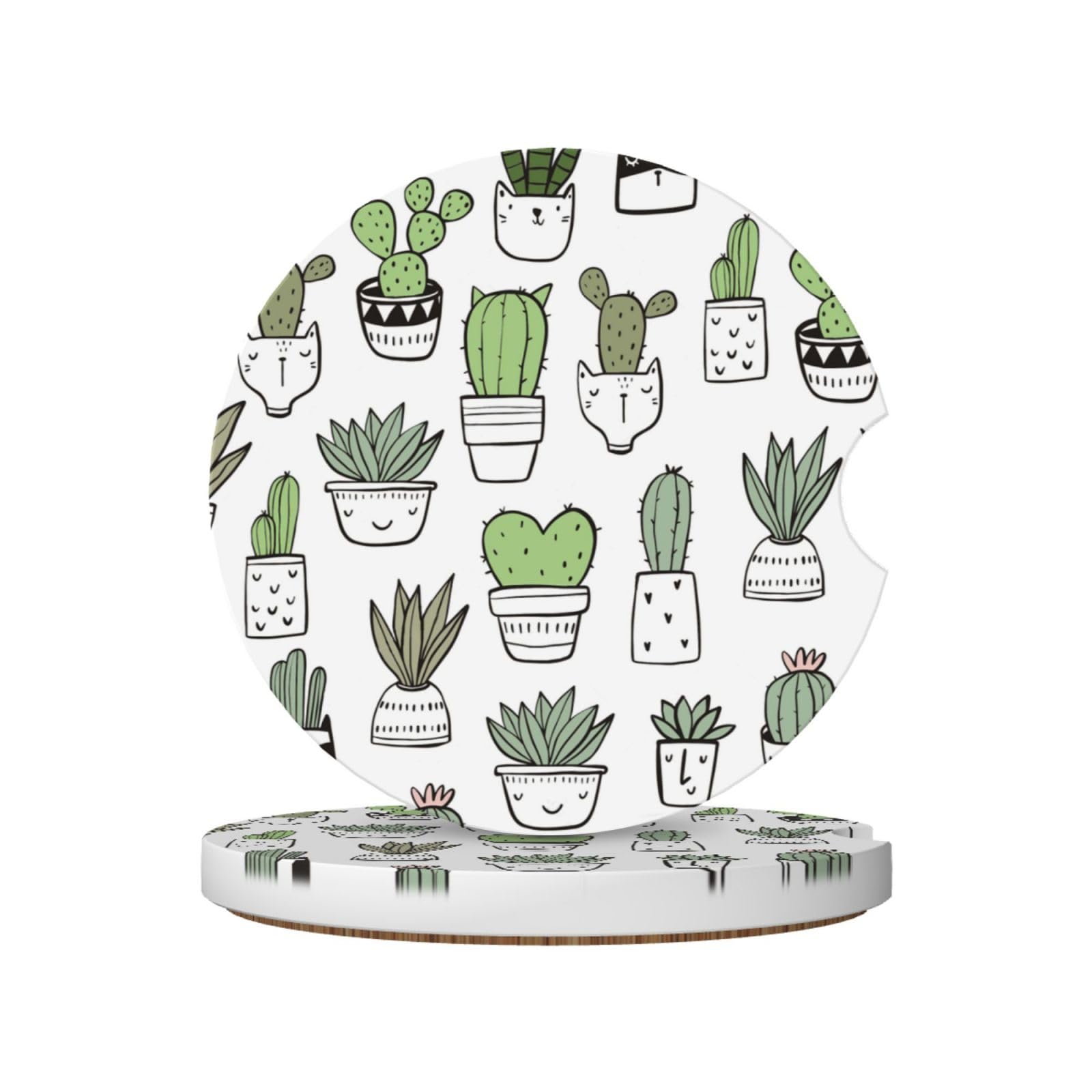 Hand Drawn Cactus Print, Car Cup Holder Coasters 2 Pack, Absorbent Ceramic Car Coasters with Non Slip Cork Base