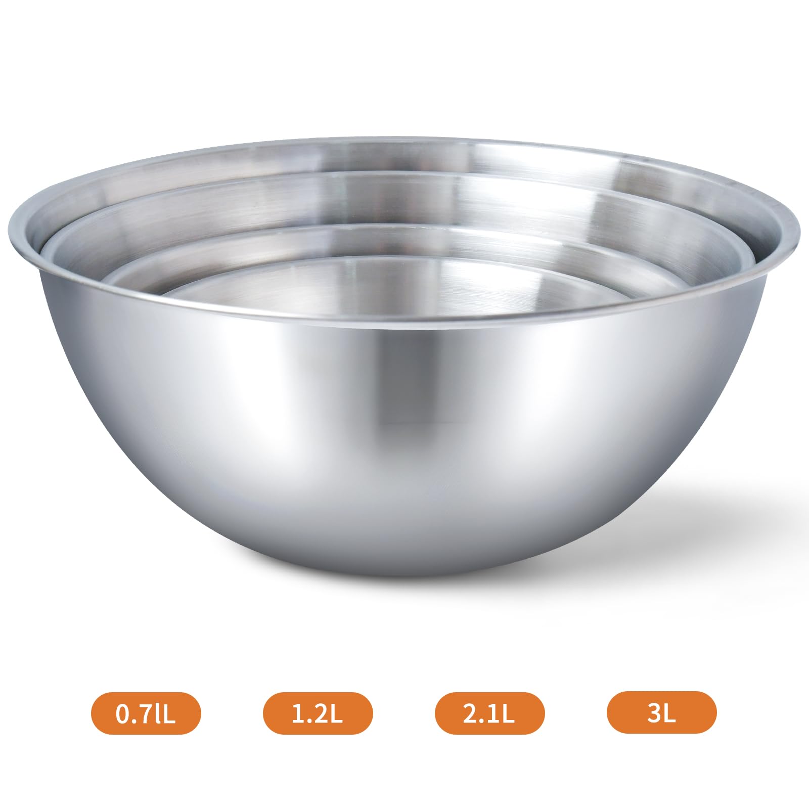 Rührschüssel Salatschüssel 4-teilig für die Küche 0.7l, 1.2l, 2.1l, 3l, Rührschüssel Edelstahl, Salatschüssel, Servierschüssel, Stapelbar&Spülmaschinenfest (0.7-3L)