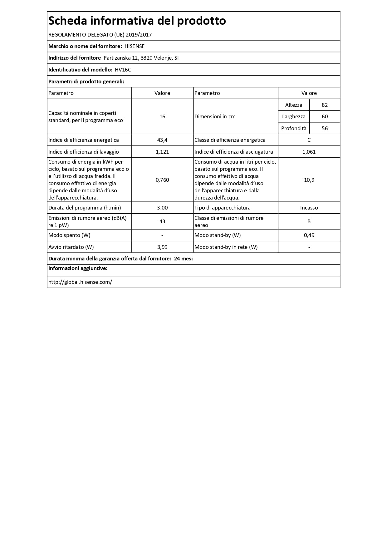 Hisense HV16C - Lavastoviglie Classe C, 16 coperti, terzo cesto, 43db, 6 programmi, partenza ritardata, total dry, incasso