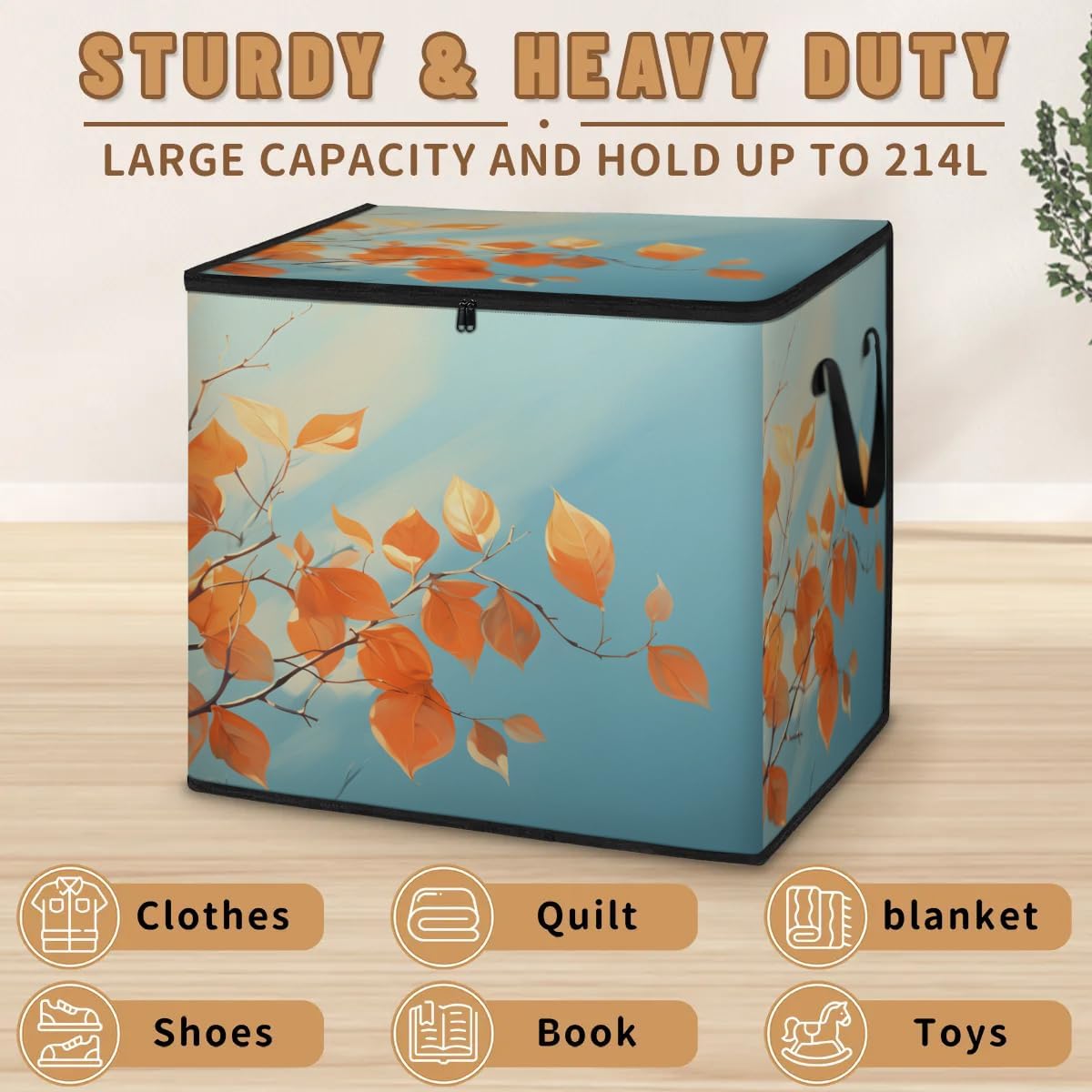 Honeybaby 214L Extra Large Comforter Storage Bag Watercolor Tree Leaf Storage Totes with Lids Waterproof Closet Organizer Folding Blanket Storage Bags for Clothes Bedding Pillows