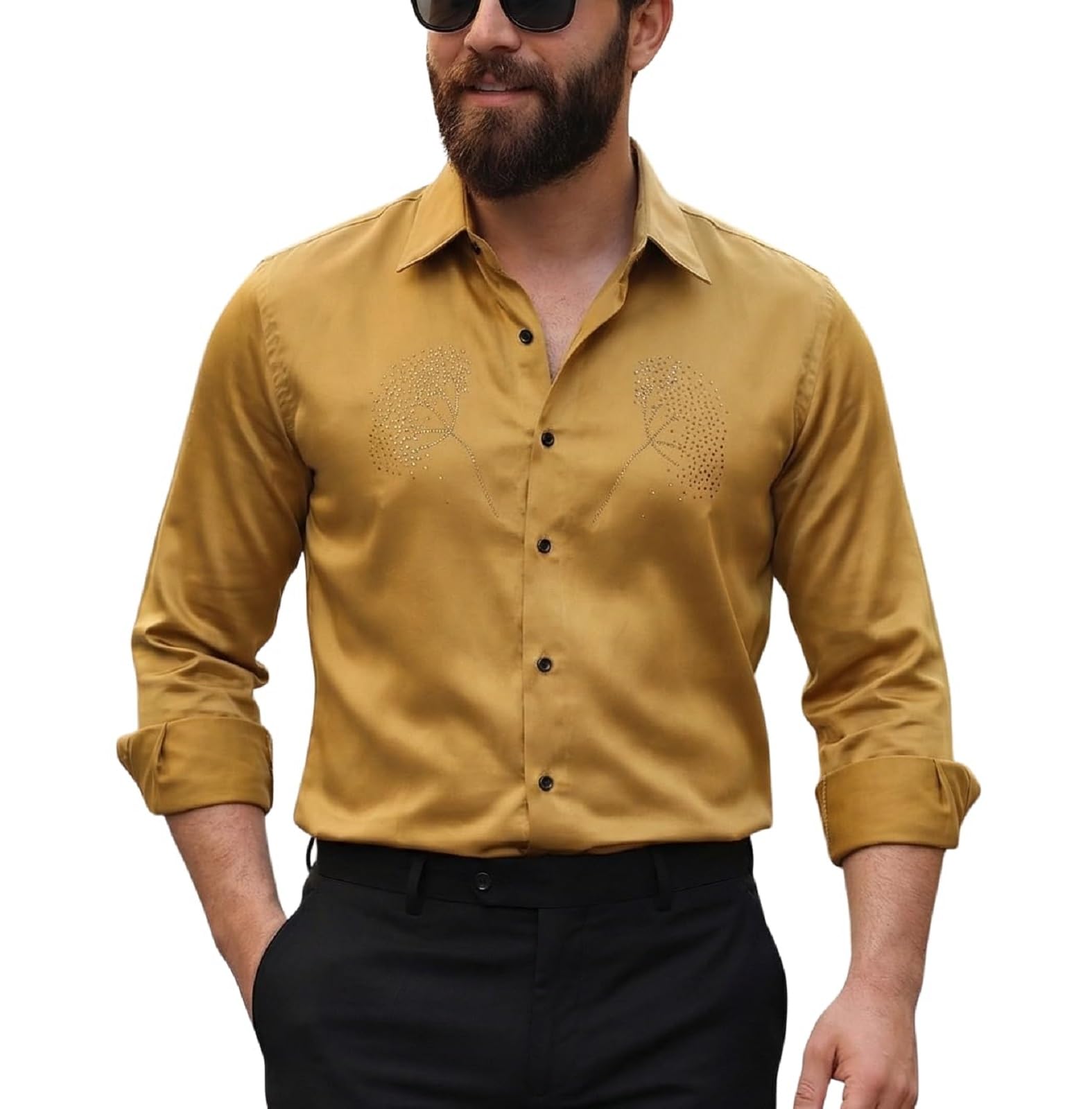 IndoPrimo Elegante camisa de satén para hombre, corte normal, estilo casual, estilo de diseñador, trabajo de piedra, fiesta, manga formal
