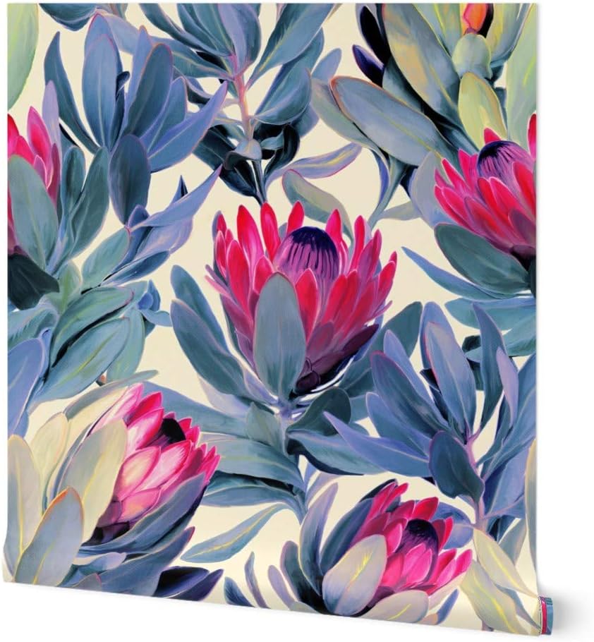 Peel & Stick Wallpaper 3ft x 2ft - Painted Protea Floral Magenta Gray Blue South Africa Custom Removable Wallpaper by Spoonflower