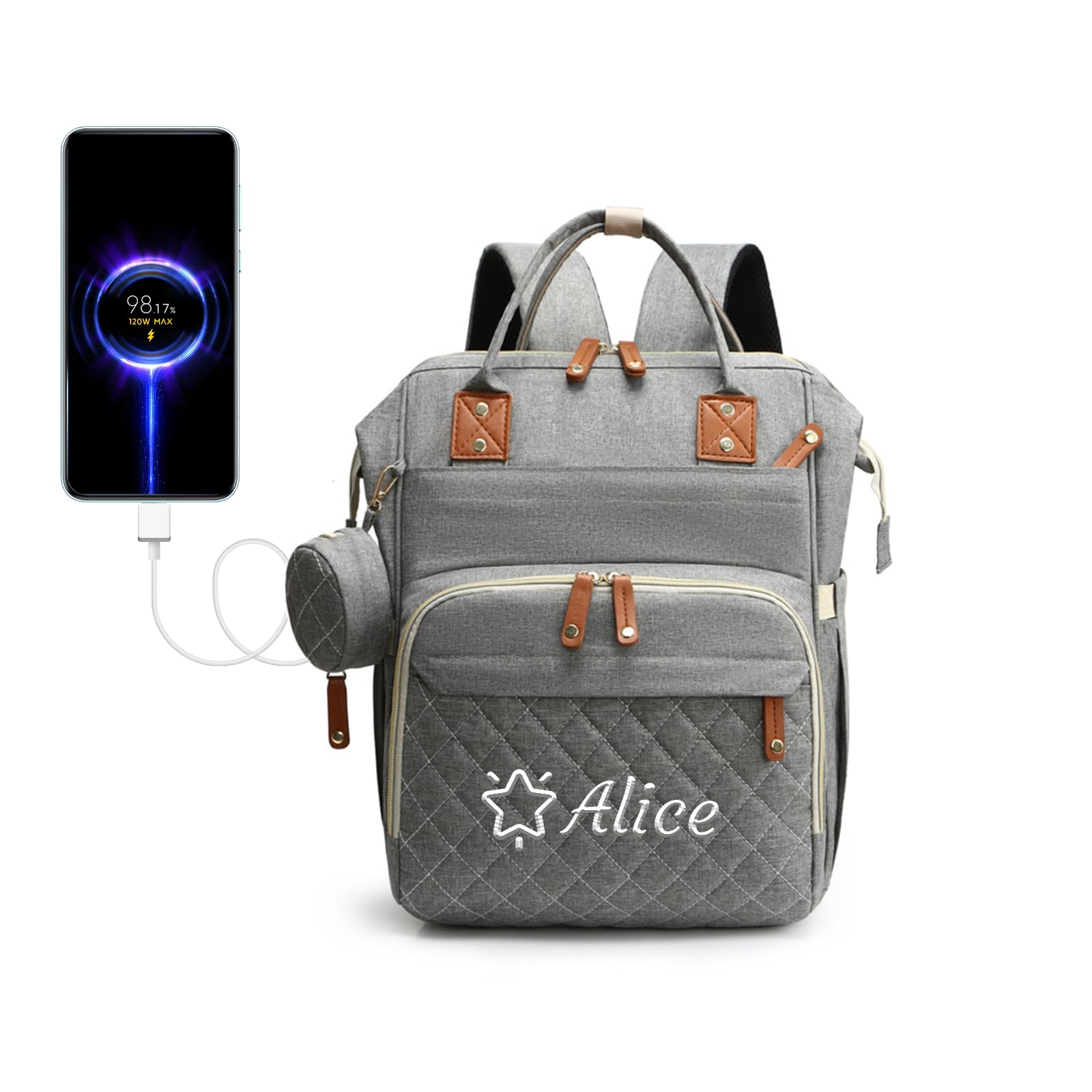 Personalized Changing Bag, Custom Baby Changing Bags, Light Grey