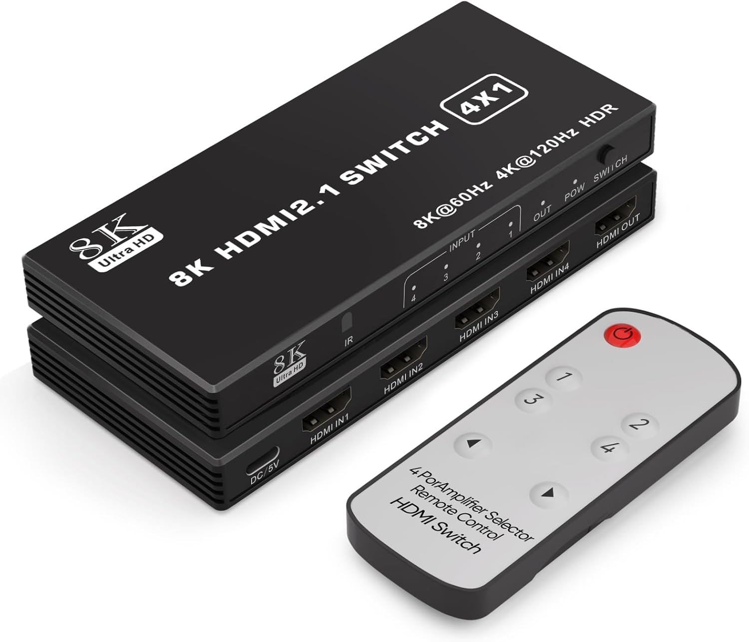 8K@60Hz HDMI Switch 4 in 1 Out Aluminum Support 4K@120Hz HDR + HDCP 2.3 CEC HDMI 2.1 Switcher Splitter with Power Adapter Compatible with PS5/4/3 Xbox Nintendo Switch Roku Apple TV Fire Stick