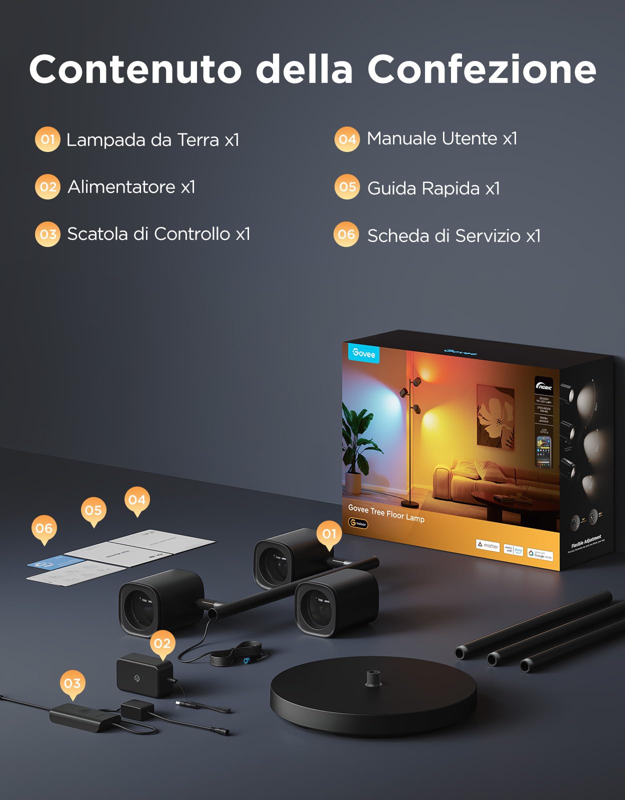 Govee Lampada da Terra LED Angolo Regolabile, RGBWW Lampada 3-Teste 1500lm | 2700-6500K, Matter Alexa Compatibile, 64 Scene, Sinc Musica, Lampade da Terra Nere 157cm per Soggiorno, Camera da Letto, Sala