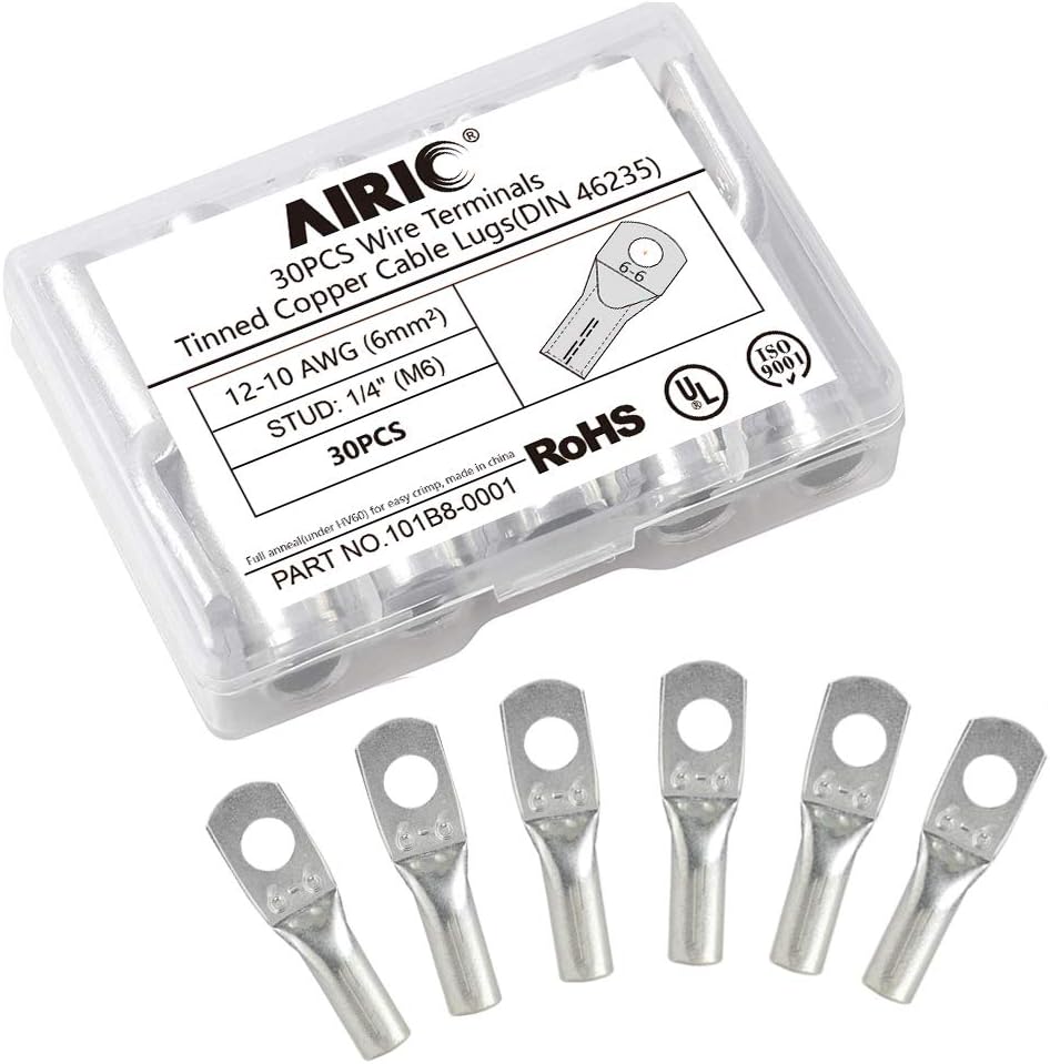 AIRIC 30 pcs Battery Cable Lugs 12-10 AWG - 1/4" Stud (M6) Battery Terminal Connectors, UL Heavy Duty Battery Cable Ends, Tinned Copper Tubular Ring Terminals, Crimp Wire Eyelets Electrical Connector