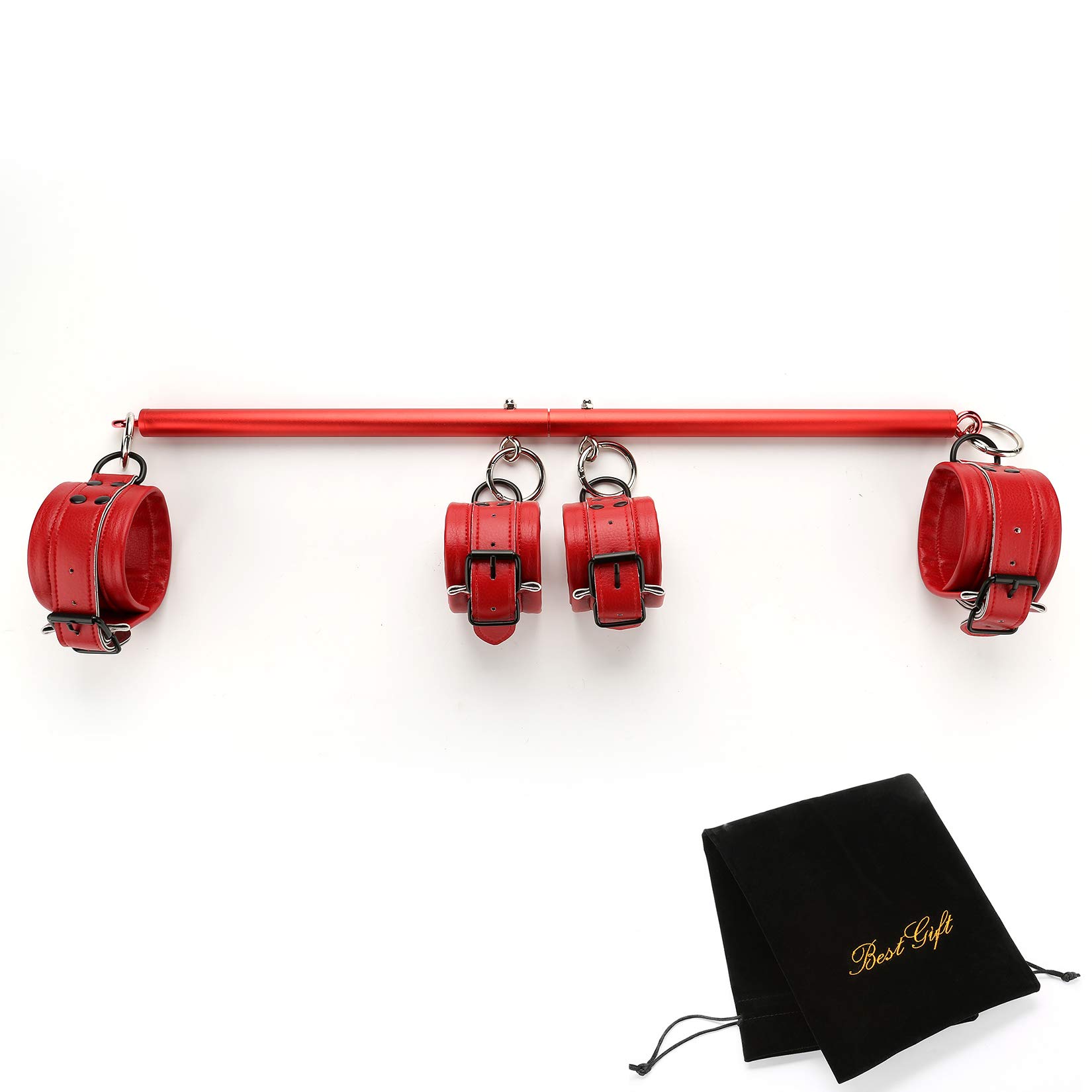 EXREIZSTAdjustable Pilates Spreader Bar with 4 Soft Leather Straps Set with 2 Chains Expandable Sports Aid Training Fitness Kit, Red
