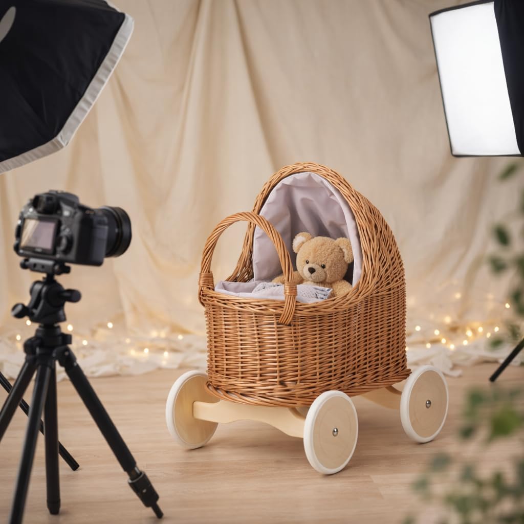 Korbpuppenwagen mit Holzuntergestell – Vintage-Stil, wunderschöne Dekoration für Fotoshootings (Pink)