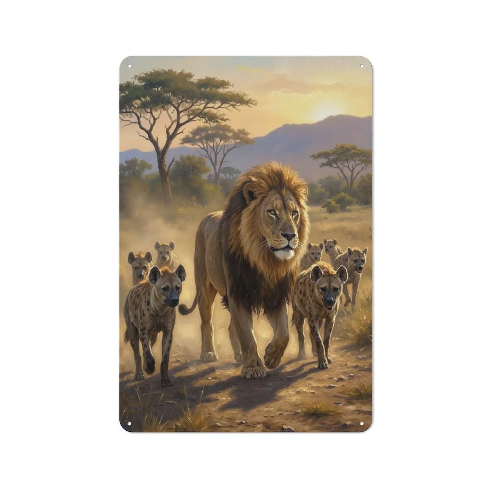 Garage Style Lion And Hyenas in African Savannah Decorative Metal Plaque 30x20cm, Garage Wall Decor for Workshop, Basement, Shed Or Games Room