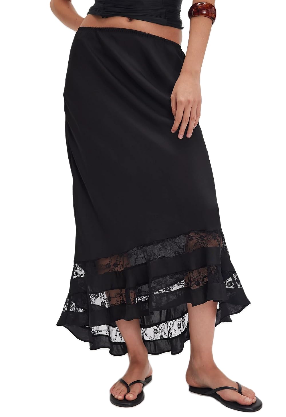 Women Lace Patchwork Satin Maxi Skirt Fishtail Long Flowy Silk Skirts Silky Maxi Slip Skirt Elegant Fall Skirts