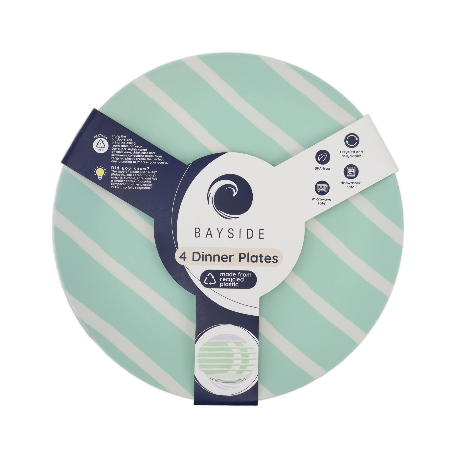 Bayside Mint Thurlestone Plastic Dinner Plates, 4 Pack Green Striped 10 Inch Set, Recycled And Recyclable Material, Bpa Free, Dishwasher Safe, Microwave Safe Plates