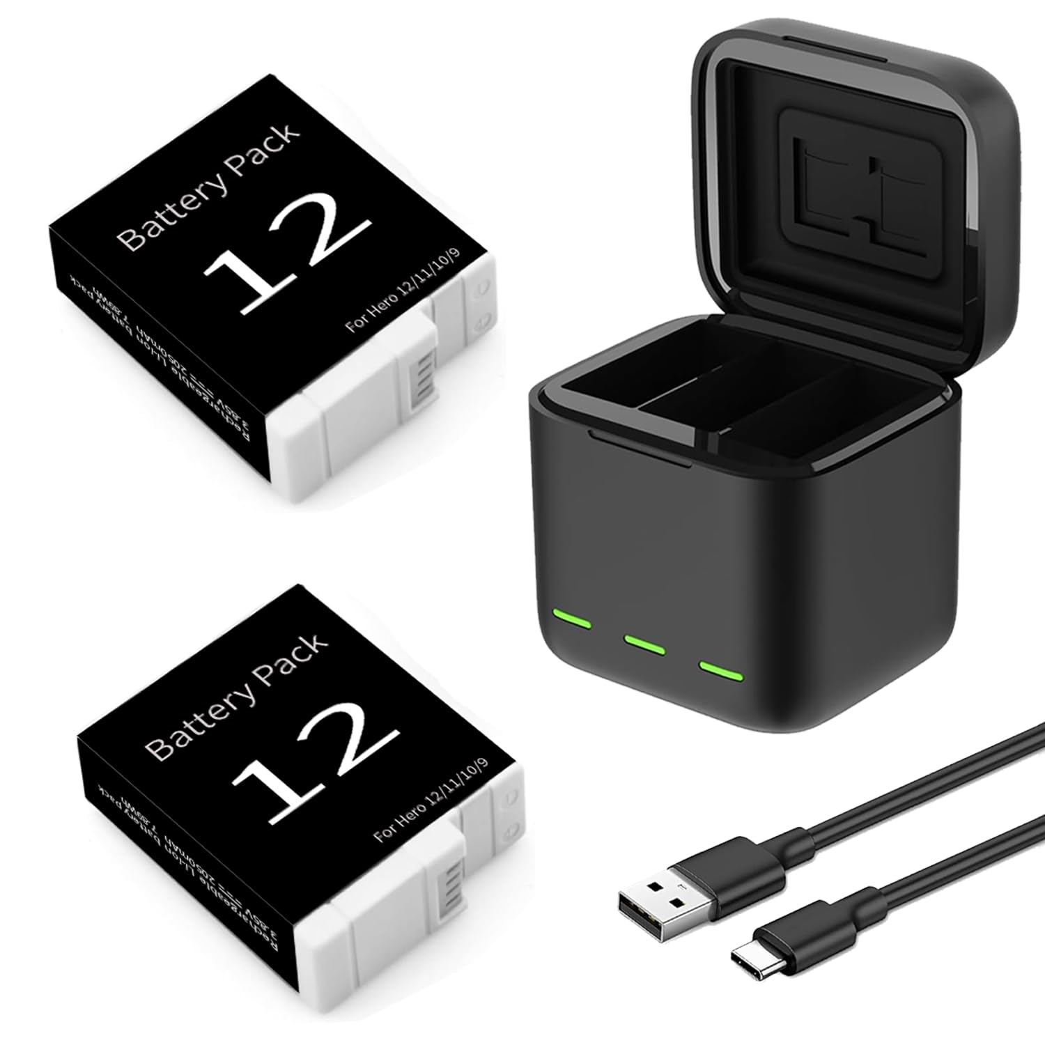 2 Packs 2050mAh Batteries for GoPro Hero 12 Black+3 Channel Battery Charger,Compatible with Go Pro Hero 9/10/11/12 Black Camera - Upgrade GoPro Accessory