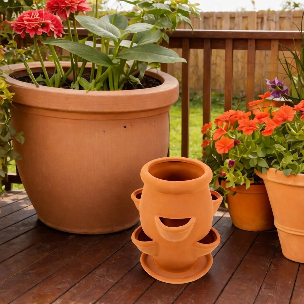 Strawberry Planter Pot Tower, Terracotta Stoneware, Embossed Design, Vertical Gardening for Succulents Orchids Hen Chicks, Outdoor Balcony Decorative