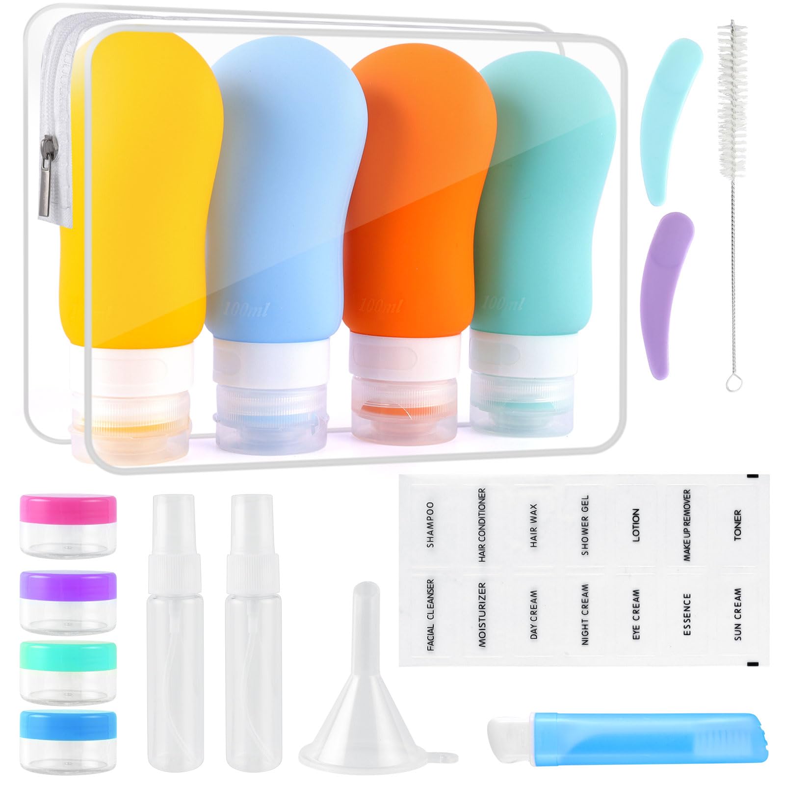 Silikon Reiseflaschen Set 100ml, 17 Stück Reiseflaschen Zum Befüllen Set, Auslaufsicher Nachfüllbare TSA Reise Shampoo Flaschen Set, für Shampoo, Lotion, Spülung, Duschgel (BPA-frei)