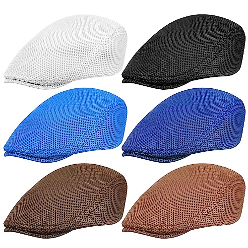 Geyoga 6 Pieces Men's Mesh Flat Cap Breathable Summer Newsboy Hat Cabbie Flat Cap (Versatile Breathable)