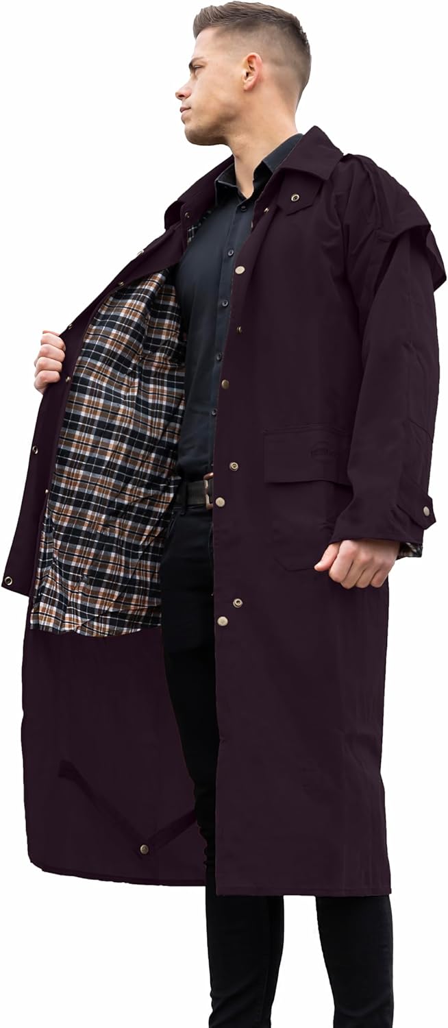 RESISTANCE Unisex Western Oilskin Waterproof Duster Coat, Workwear Black Brown Long Rain Coat With Brass Button And Pockets