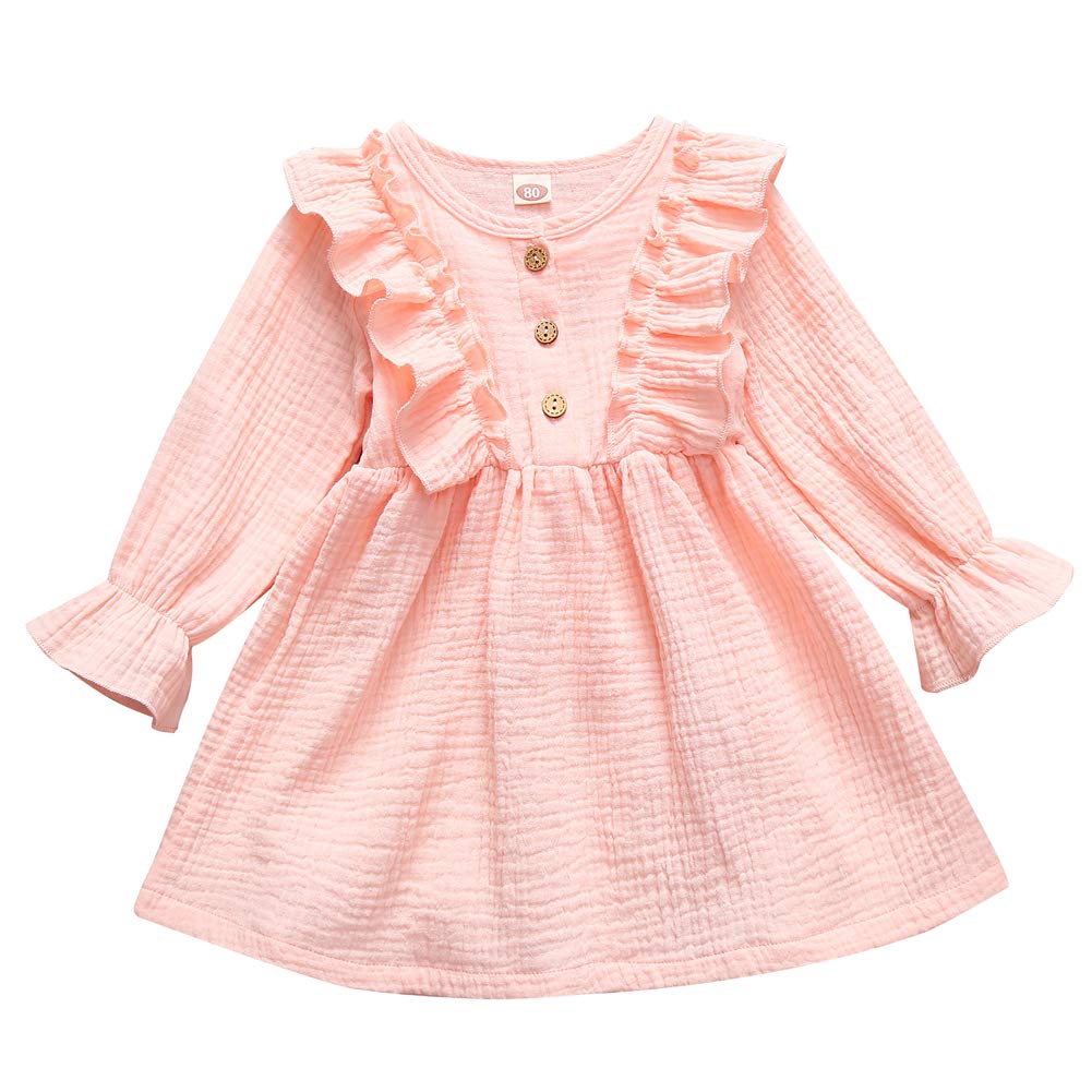 Baby Girls Long Sleeve Cotton Linen Ruffle Dress Solid Color Buttons Princess Dress (Pink, 3-4T)