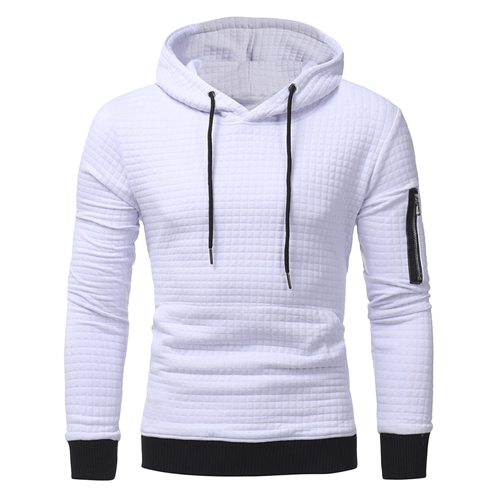 Maiyifu-GJ Men Plaid Jacquard Pullover Hoodies Lightweight Long Sleeve Hooded Sweatshirt Drawstring Hoodie with Kanga Pocket (White,Large)