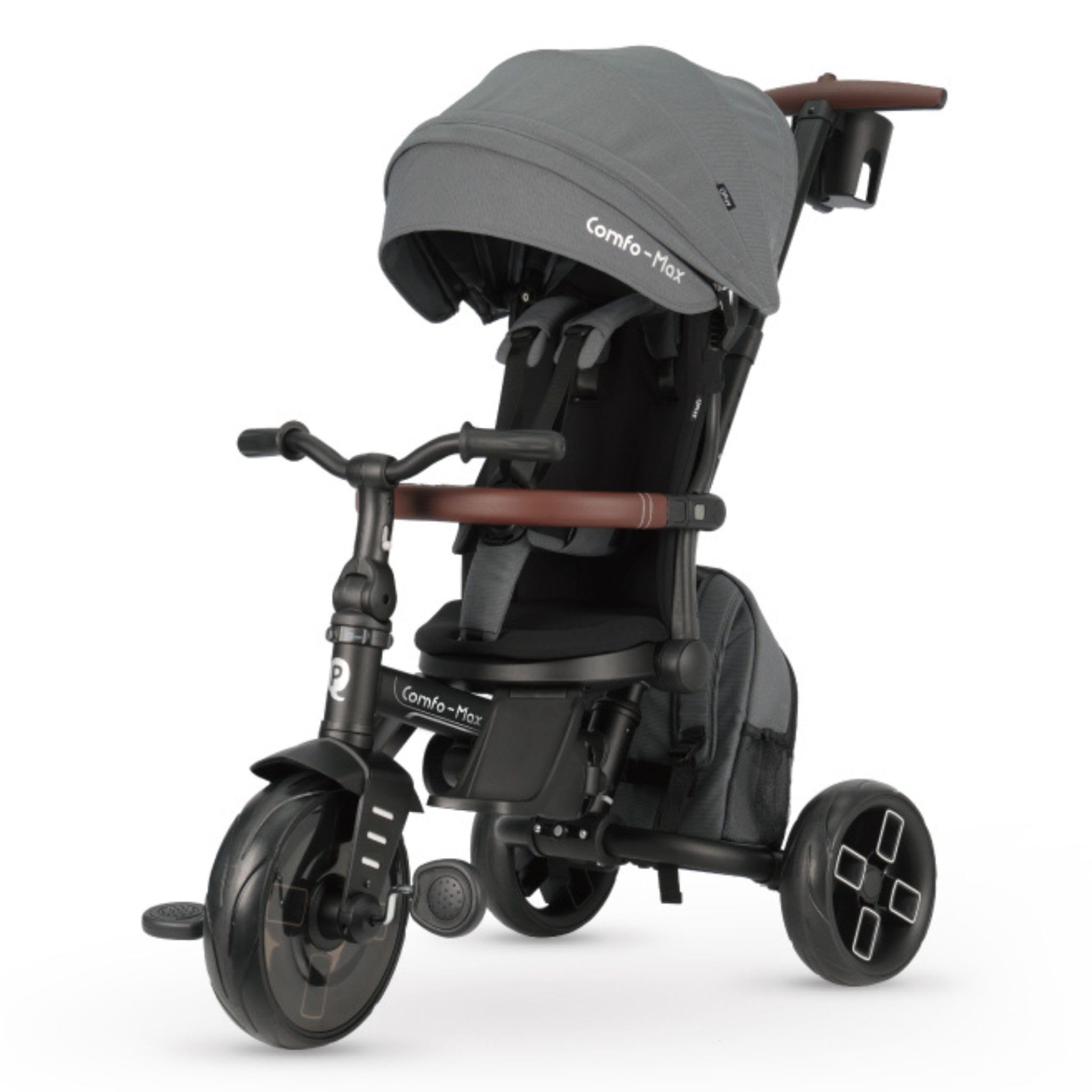 Triciclo evolutivo QPLAY Comfo Max 7 in 1 multi accessoriato, fronte strada e fronte mamma, reclinabile, adatto a bambini dai 10 ai 72 mesi, pieghevole, portata fino a 25 kg (Grigio)