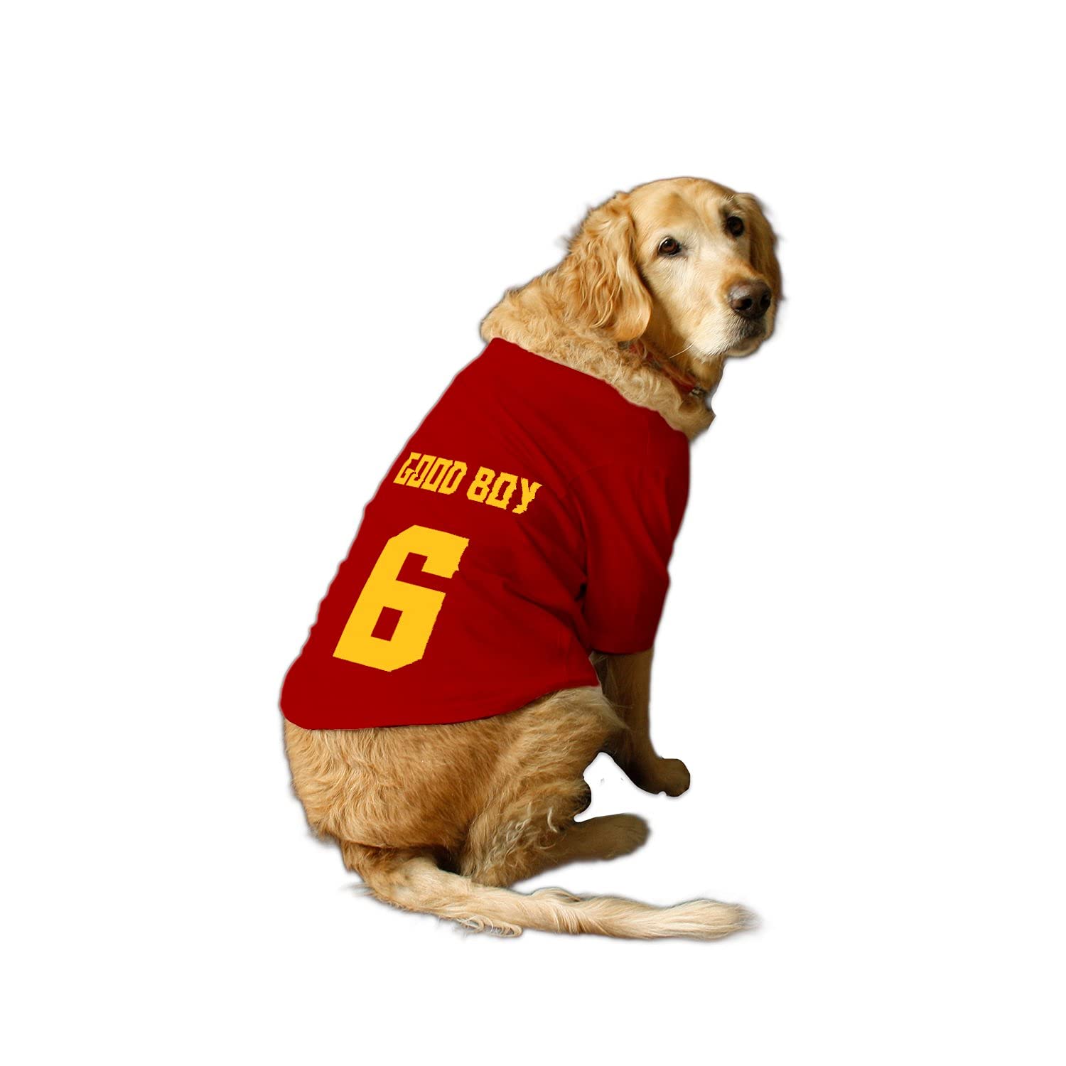 RuseRuse Basic Crew Neck Good Boy Jersey No.6 Printed Half Sleeves Dog T-Shirt/Apparel/Clothes/Tees Gift for Dogs.(Red) Large (Desi/Stray, Doberman etc.)