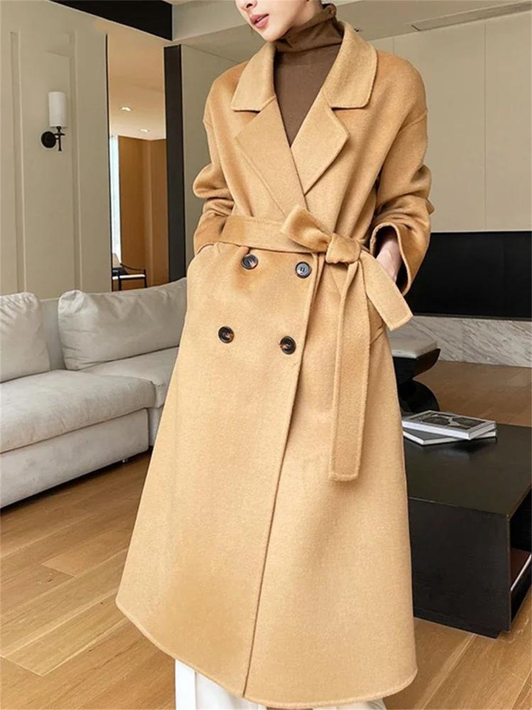 Women Notch Lapel Wool Coat Drop-Shoulder Wool Loose Overcoat Double-Layers Winter Long Jacket Thick Coat
