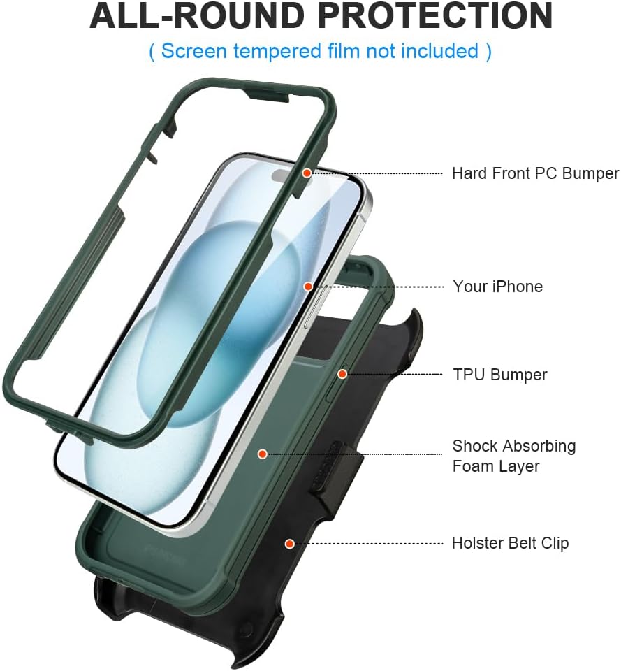 for Defender Phone Case iPhone 15 Case with Belt Clip,for Shockproof iPhone 15 Case Rugged,2 Layers of Sturdy for iPhone15 Cases Heavy Duty,Military-Grade Cover for iPhone15Case (Drak Green) - Image 5