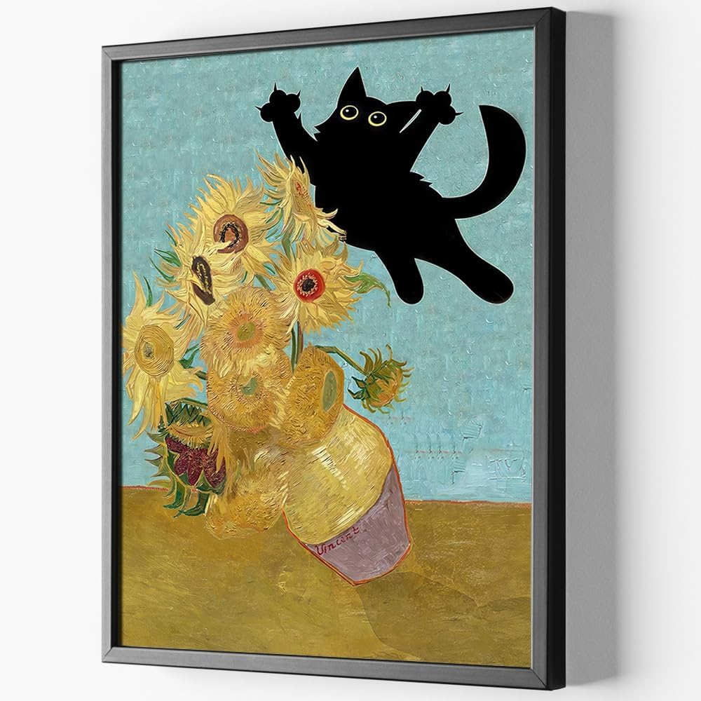 Framed Funny Cat Wall Art Sunflower Black Cat Poster For Room Aesthetic Decor-Cute Black Cat Pictures Canvas Prints Ready To Hang Bedroom Living Bathroom Wall Decor