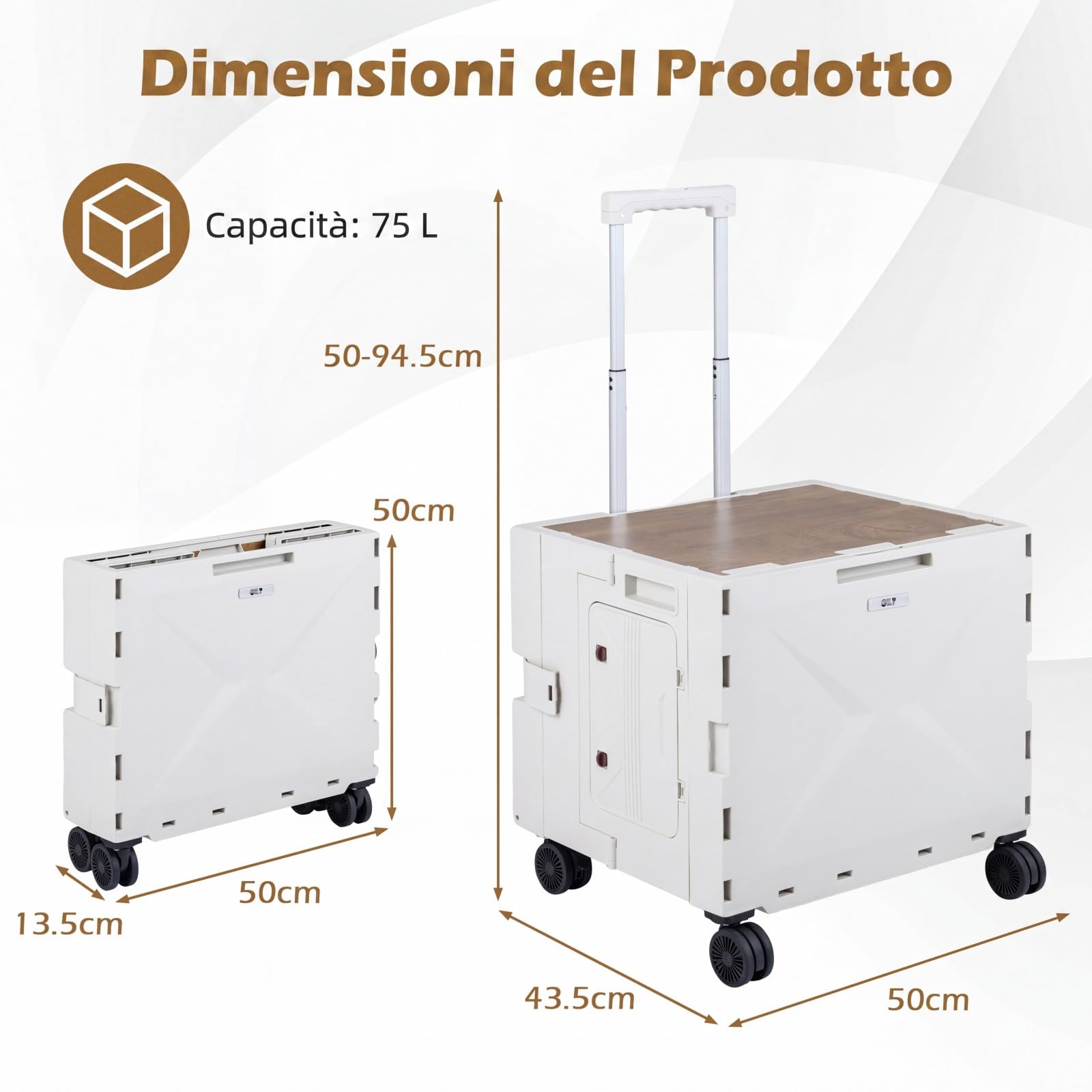 COSTWAY Carrello Spesa con 4 Ruote, 75 L, Carrellino Pieghevole con Manico Telescopico e Regolabile e Coperchio, Trolley Portatutto per Shopping, Campeggio, Picnic e Attrezzi
