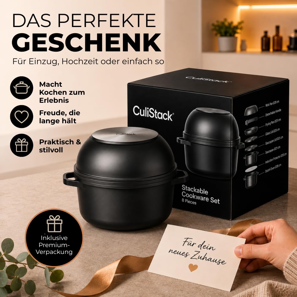 Essential Topfset 8-teilig, Töpfe & Pfannen Set mit abnehmbarem Griff, stapelbar und platzsparend, Antihaft Kochtopf Set und Camping Kochset für Induktion und Ceranfeld, einfache Reinigung
