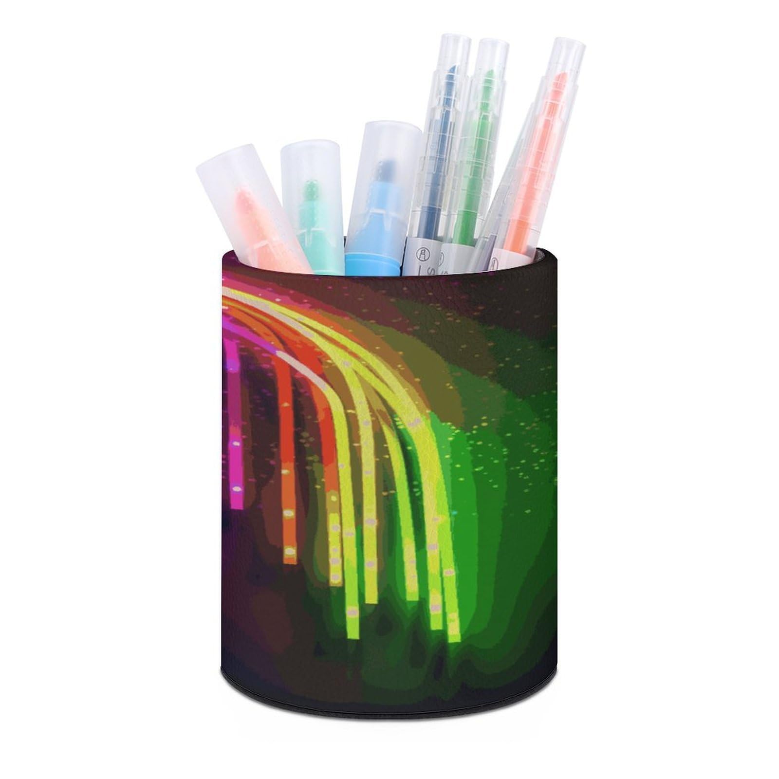 LDGSUPH Rainbow Neon Round Pen Holder Leather Pen Cup Pencil Cup Pen Organizer Pencil Holder for Desk Organizer Pencil Organizers Makeup Brush Holders for Home Office Gift