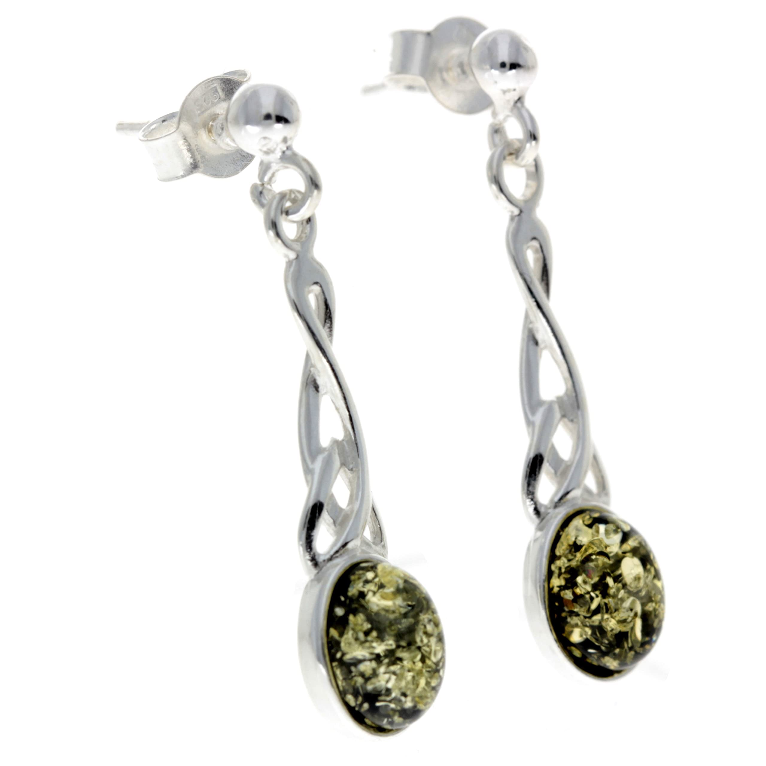 Orecchini pendenti in vero ambra baltica ovale e argento Sterling 925 celtico 8007