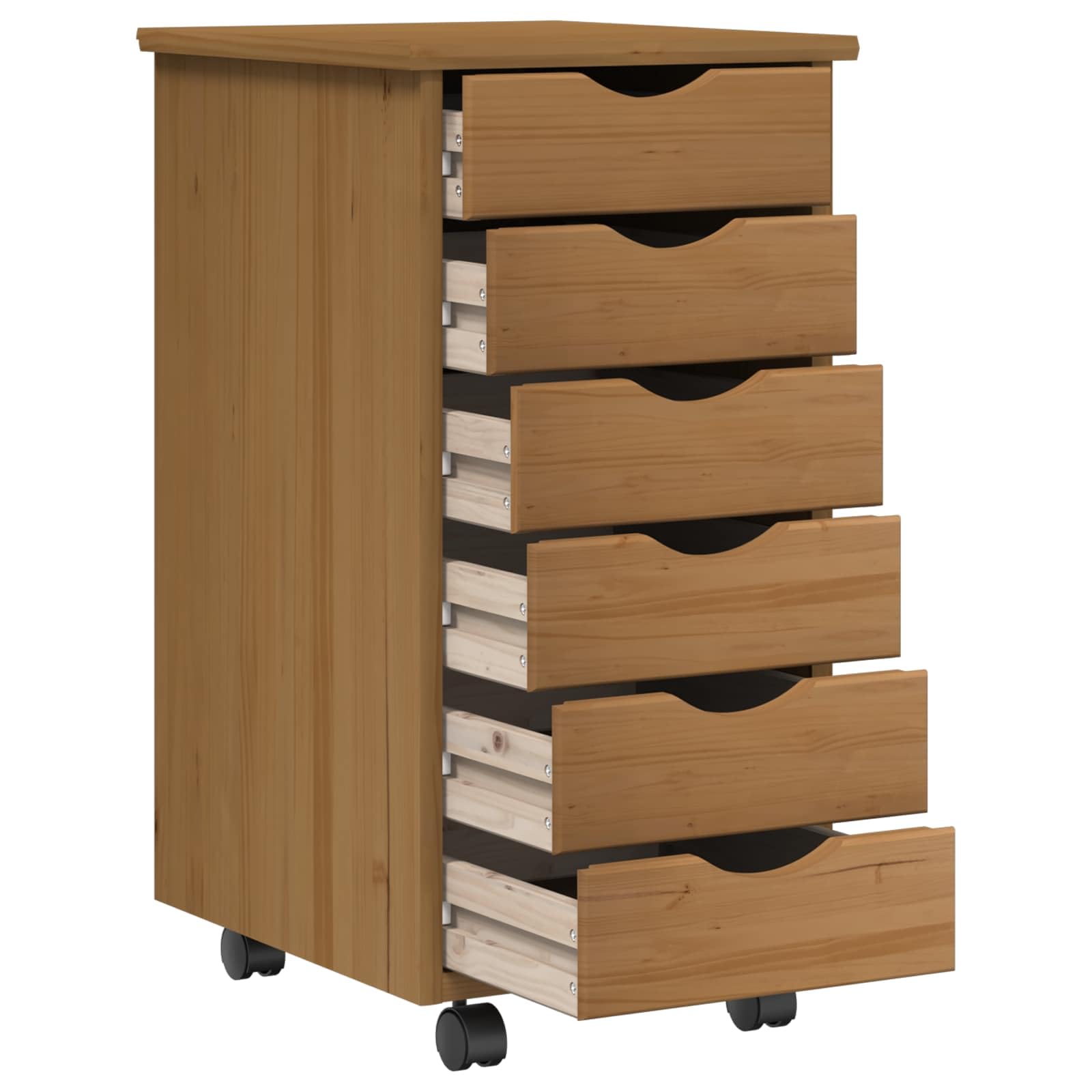 Moss Desk und Rollcontainer Set aus Massivholz Kiefer honigbraun, 2-teilig, 6 Schubladen, 4 Rollen, für Homeoffice, Arbeitszimmer, Stauraum für Dokumente und Zubehör