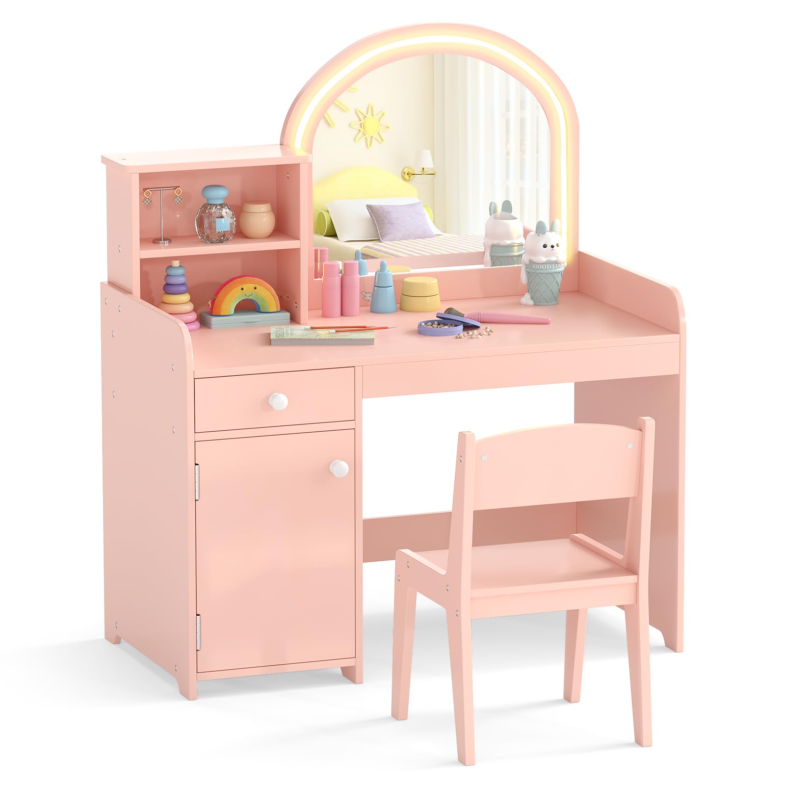 COSTWAY Toeletta Trucco 2 in 1 per Bambina, Specchiera per Ragazza in Legno con Mensole, Cassetto, Ripiani e Luci LED Regolabile, Postazione Trucco per 3 Anni, 80 x 40 x 94 cm (Rosa Chiaro)