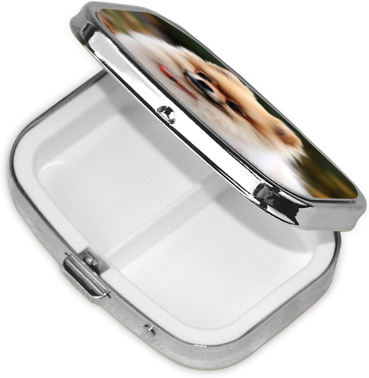 Short-haired Pomeranian Dog Pill Case 2 Compartments, Metal Square Portable Pill Box with Mirror, Waterproof Travel Pill Organizer for Purse & Pocket, Small Medicine Vitamin Holder Unique Gift image 3