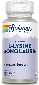 SOLARAY L-Lysine Monolaurin Immune Support Supplement, 11 Ratio for Immune System Function, 500 mg Each, 30 Servings, 60 VegCaps