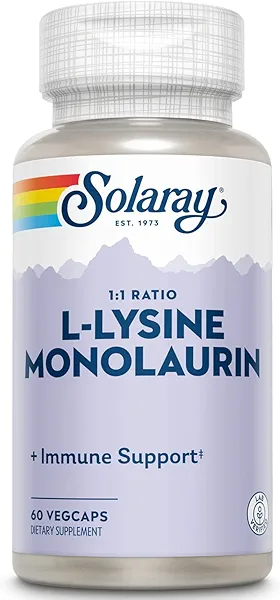 SOLARAY L-Lysine Monolaurin Immune Support Supplement, 1:1 Ratio for Immune System Function, 500 mg Each, 60-Day Money Back Guarantee, 30 Servings, 60 VegCaps