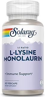 SOLARAY L-Lysine Monolaurin Immune Support Supplement, 1:1 Ratio for Immune System Function, Skin and Gut Health Support, 500 mg Each, 60-Day Money Back Guarantee, 30 Servings, 60 VegCaps