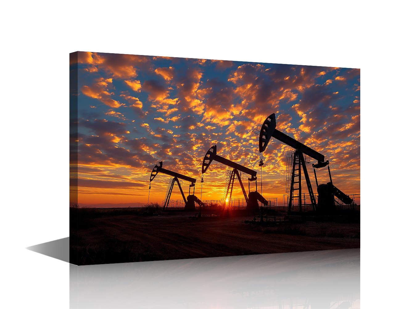 Wall Art Silhouette of Crude Oil Drilling Machine Sunset Background Pictures Print on Canvas Oil Pump Industrial Equipment Wall Art for Home Office Wall Decoration Ready to Hang 18x12 in